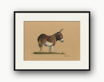 Donkey watercolor on paper painting, Equus asinus, donkey illustration, working animal art, wild donkey artwork, Farm animals by Juan Bosco.