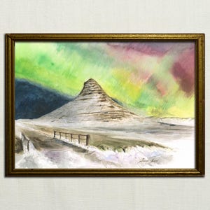 Acquerello su carta raffigurante l'aurora boreale, disegno di Kirkjufellsfoss, dipinto della collina di Kirkjufell, arte dell'aurora boreale, Islanda di Juan Bosco.