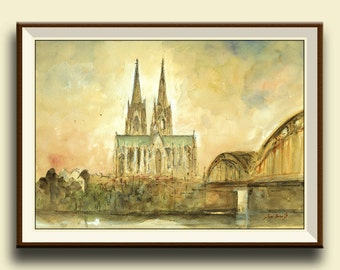 PRINT- Cologne city- Cathedral Rhine Germany - Köln Dom rhein river original art wall - cityscape architecture - Art Print by Juan Bosco