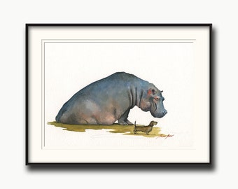 Wire-haired dachshund & Hippo, dachshund hippo art, dachshund hippo painting, dachshund watercolor and hippo, dog Art Print by Juan Bosco