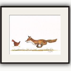 STAMPA - Volpe rossa che caccia una gallina rappresentata su carta per acquerello, illustrazione di volpe rossa, disegno di gallina, dipinto di volpe e gallina, animali da fattoria.