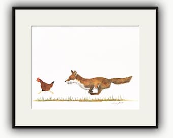 Rotfuchs jagt eine Henne dargestellt auf Aquarellpapier, Rotfuchs Illustration, Henne Zeichnung, Fuchs und Huhn Malerei, Tiere auf dem Bauernhof von Juan Bosco.