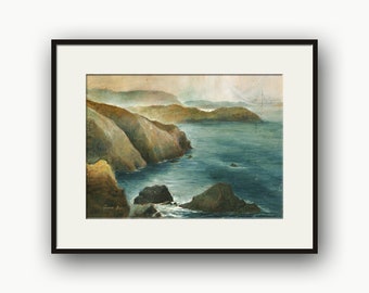 Asturias seashore oil on paper painting, Arnao beach coastline artwork, Cantabrian seascape illustration, Atlantic Ocean arts by Juan Bosco.