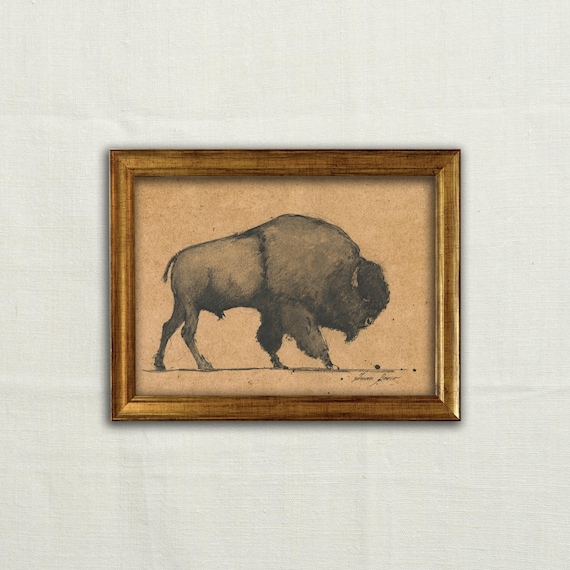 Original, NOT A PRINT - American bison animal art, buffalo watercolor & charcoal, bison illustration, bison painting, country house art wall