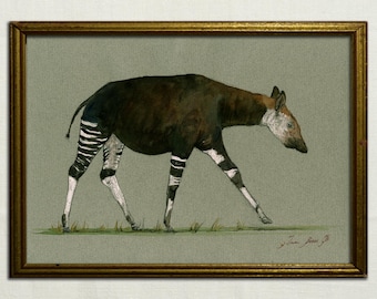 PRINT-Okapi animal-african wild Opaki - gifaffe family -Africa safari animal decor -animal life wall art- Art Print by Juan Bosco