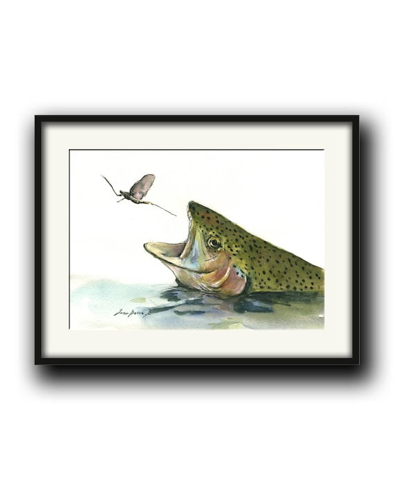 Print-rainbow Trout Fish Eating Mayfly Fly Fishing River Print Watercolor Painting  Art Wall Brook Trout Portrait Art Print by Juan Bosco 