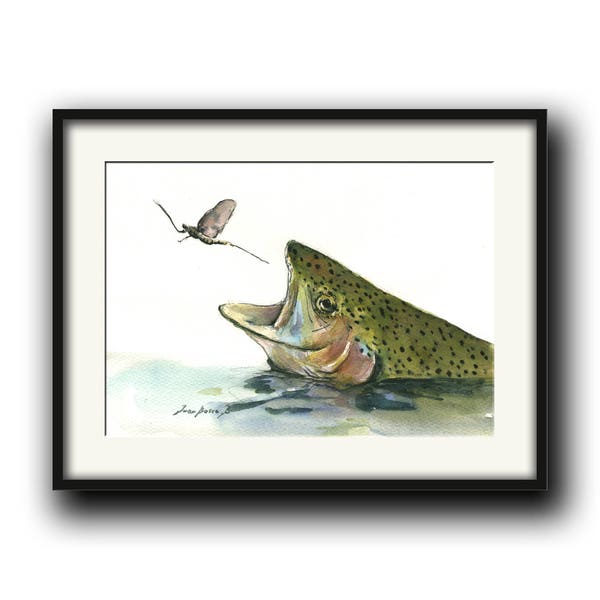 IMPRESSION-arc en ciel truite poisson manger éphémères - mouche pêche portrait omble de fontaine en rivière impression peinture aquarelle art mur - Art Print par Juan Bosco