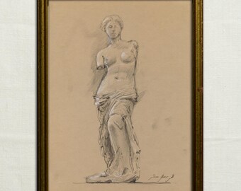 Venus de Milo - classical drawing pencil from the Greek Sculpture at Louvre museum - antique style print - ancient art -by Juan Bosco