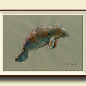 PRINT-Manatee - Sea cow mermaid print artwork - marine mammal art print watercolor painting ocean blue whale - Art Print by Juan Bosco
