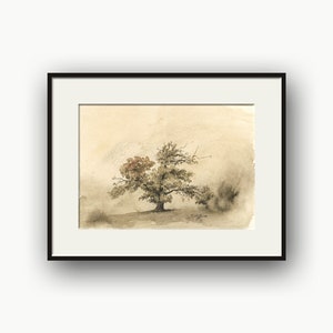 K&ouml;nnte beinhalten: Ein Aquarellbild eines Baumes mit braunen und gr&uuml;nen Bl&auml;ttern vor einem hellbraunen Hintergrund. Der Baum befindet sich in der Mitte des Bildes und ist von einem hellbraunen Schleier umgeben.