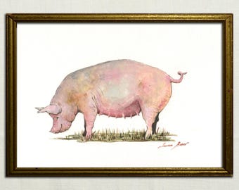 PRINT - Sow pig, mother of piglets, pig watercolor, pig art, sow painting pig, farm pig painting, pig decor, farm animal art pig Art