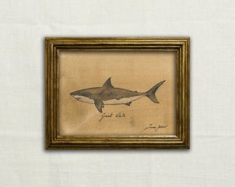 Original, NOT A PRINT - white shark art, minimalist shark drawing, great white sketch, shark cottage decor, shark wall art - Unframed art.