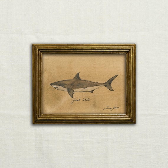 Original, NOT A PRINT - white shark art, minimalist shark drawing, great white sketch, shark cottage decor, shark wall art - Unframed art.