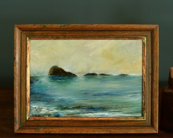 North Atlantic seascape oil on wood artwork, ocean messed waters painting, sea boulders oil abstract illustration, Seascapes by Juan Bosco.