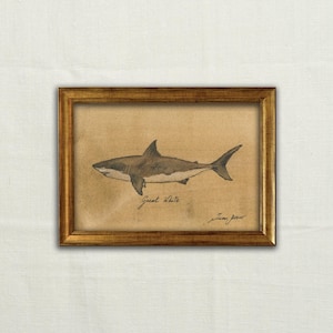 Original, KEIN DRUCK - weißer Hai Kunst, minimalistische Hai Zeichnung, große weiße Skizze, Haifisch-Landhausdekor, Haifisch-Wandkunst - Kunst ohne Rahmen.