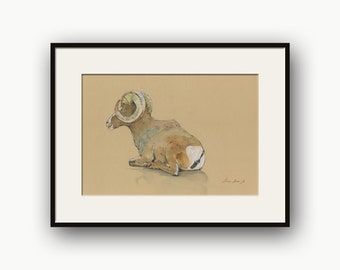 Bighorn Sheep original watercolor painting, Sheep watercolor illustration, Sheep print, Bighorn sheep America, Ovis canadensis by Juan Bosco