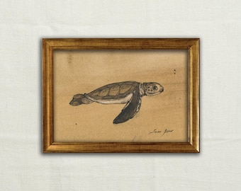 Original, NOT A PRINT - sea turtle art, minimalist turtle drawing, marine turtle sketch drawing, Chelonioidea, cottage decor - Unframed art.