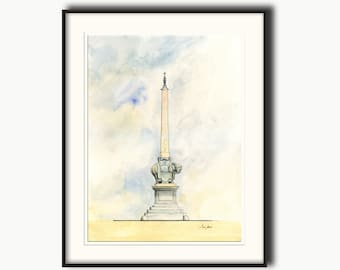 Éléphant et Obélisque, peinture, aquarelle de sculpture de Bernin, impression de Bernini, peinture de Rome, Rome ville oeuvre aquarelle impression par Juan Bosco