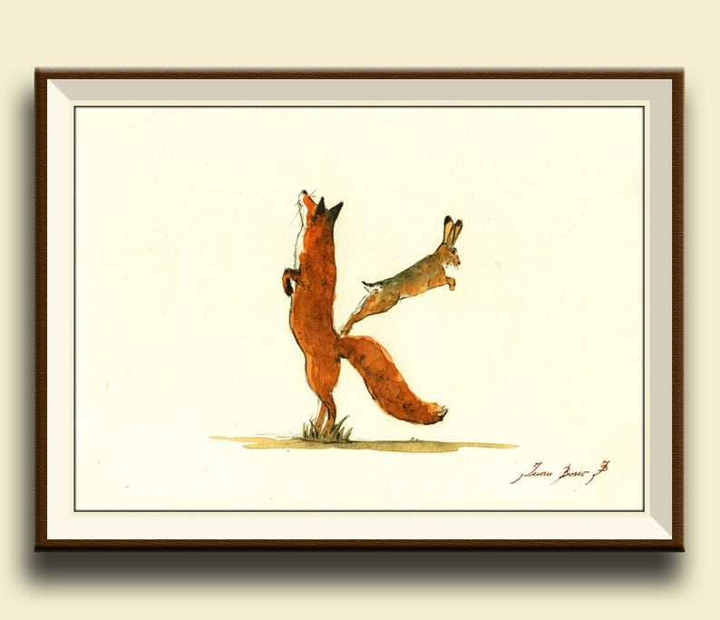 print letter k fox and hare woodland forest animal