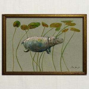 AFDRUKKEN-Nijlpaard zwemmen met lelies Afrika - nijlpaard kinderkamer kunstmuur - safari decor artwork nijlpaard - Art Print door Juan Bosco