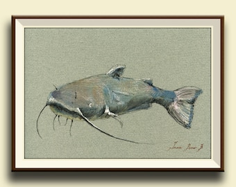 PRINT-Poisson-chat - décor de pêche, peinture de poisson-chat, art de poisson-chat, peinture d’aquarelle d’impression d’art de poisson de poisson de chat - art par Juan Bosco