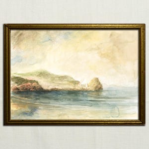 STAMPA - Acquerello su carta di paesaggio marino di Salinas, dipinto della costa delle Asturie, illustrazione dell'Anchor Museum, Philippe Cousteau, Paesaggi marini.