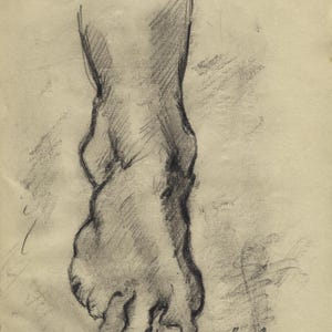 May include: A charcoal sketch of a foot, viewed from above, with detailed shading and visible toes. The artwork is signed "Juan Bover" in the lower right corner. The drawing is on a textured, off-white paper, showcasing the artist's skill in capturing form and shadow.