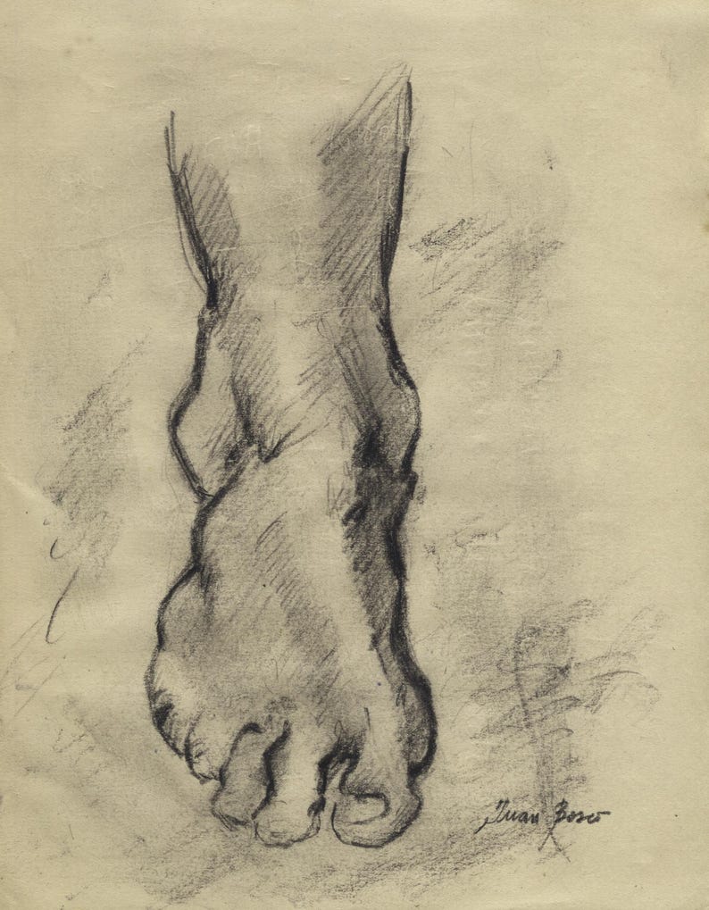 May include: A charcoal sketch of a foot, viewed from above, with detailed shading and visible toes. The artwork is signed "Juan Bover" in the lower right corner. The drawing is on a textured, off-white paper, showcasing the artist's skill in capturing form and shadow.