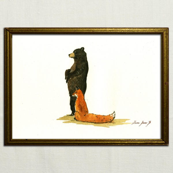 PRINT-Letter L Black bear Red Fox- Woodland Forest animal Alphabet letters watercolor print  - Art Print by Juan Bosco
