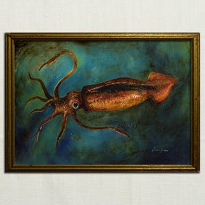 Squid original oil on wood painting, squid illustration, Loligo vulgaris, cephalopod painting, squid prints, sea creatures by Juan Bosco.