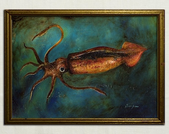 Squid original oil on wood painting, squid illustration, Loligo vulgaris, cephalopod painting, squid prints, sea creatures by Juan Bosco.