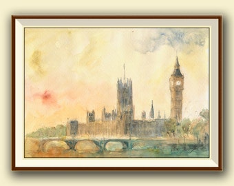 PRINT-London westminster palace big ben cityscape watercolor print   architecture cityscape -Art Print by Juan Bosco