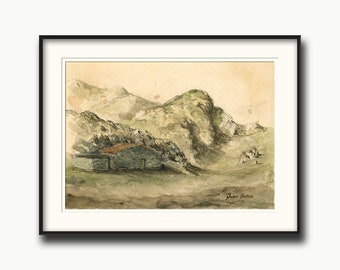 Picos de Europa watercolor, mountain painting, lagos de covadonga watercolor, mountain drawing, Asturias art, climbing print, Juan Bosco