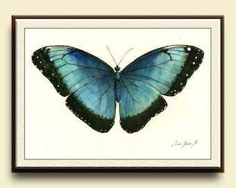 PRINT-Blue Morpho Butterfly -  insect art drawing  print watercolor painting art wall insect Butterflies Art - - Art Print by Juan Bosco