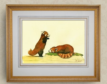 PRINT-Red panda lesser panda red cat bear head painting watercolor PRINT Panda red    - Art Print by Juan Bosco