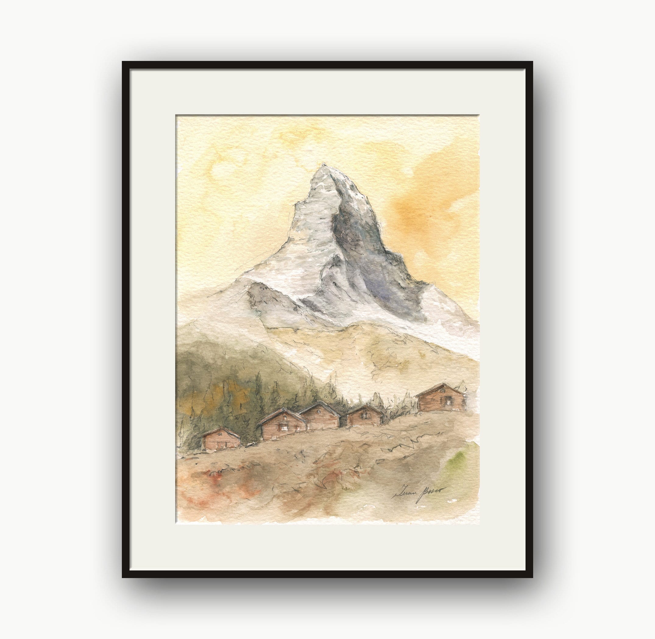 プリント - マッターホルン山の水彩画、アルプスの山のアートワーク