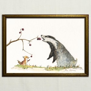 AFDRUKKEN: wilde das die bessen eet met een babyvos, geschilderd op aquarelpapier, illustratie van een das, Meles meles, bosdieren
