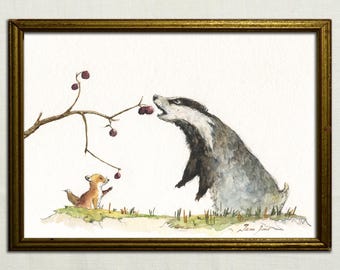PRINT -Wild badger eating berries with a baby red fox painted on a watercolor paper, Badger illustration, Meles meles, Forest animals