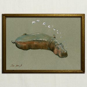 PRINT-Nilpferd schwimmen mit Lilien afrika - Nilpferd Kinderzimmer Illustration Wand - Safari Dekor Nilpferd - Kunstdruck von Juan Bosco