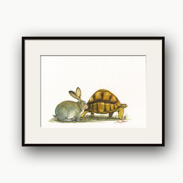 Rabbit & Tortoise watercolor, Hare print, Tortoise painting, Bunny and Tortoise artwork, Rabbit Illustration print - Art Print by Juan Bosco