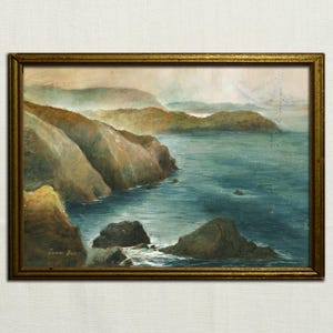 Dipinto ad olio su carta raffigurante la costa delle Asturie, opera d'arte raffigurante la costa della spiaggia di Arnao, illustrazione di paesaggio marino della Cantabria, opere d'arte dell'Oceano Atlantico di Juan Bosco.