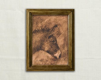 Original, NO ES UNA IMPRESIÓN - Dibujo a carboncillo de un burro, estilo minimalista, paisaje rural francés, arte de granja - Sin marco
