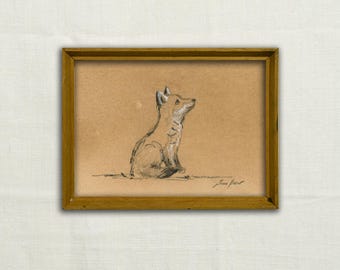 Original, NOT A PRINT - Fox art, fox charcoal sketch, minimalist fox drawing, French country side, farmhouse art painting - Unframed art