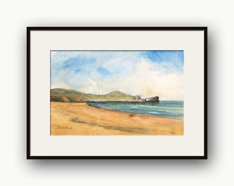 Salinas seascape watercolor, atlantic coast, seascape view, surf city, big waves, beach house decor art by Juan Bosco