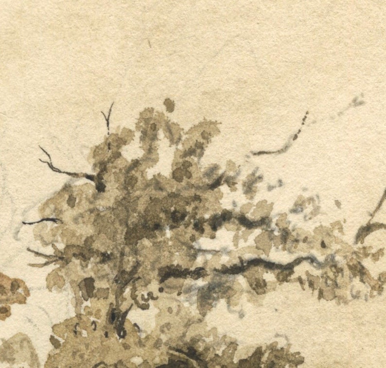 K&ouml;nnte beinhalten: Ein Aquarellbild eines Astes mit braunen und grauen Bl&auml;ttern auf beigefarbenem Hintergrund.