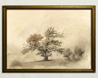 IMPRESSÃO - Pintura clássica em aquarela de castanheiro, ilustração de árvore, Castanea sativa, pintura de castanheiro, impressão de árvore, pintura clássica de