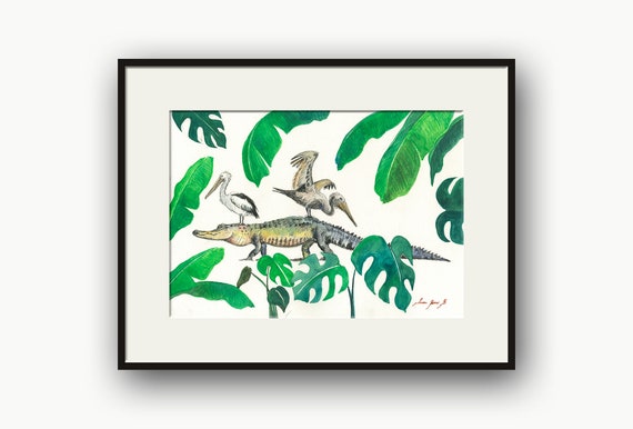 Crocodile watercolor on paper painting, Crocodylidae, Croc with pelicans illustration, Pelecanus, Crocodile artwork, Reptiles by Juan Bosco.