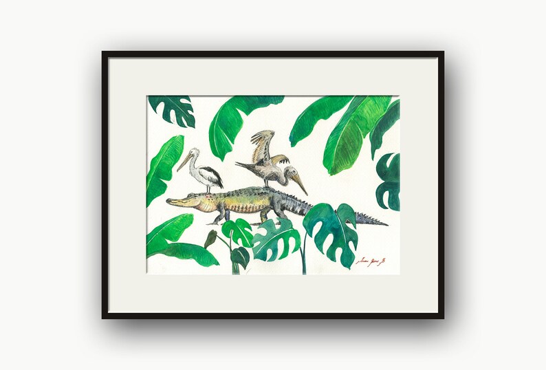 Op de afbeelding: Een aquarel van een groene alligator met twee pelikanen die op zijn rug zitten. De alligator is omringd door groene tropische bladeren.