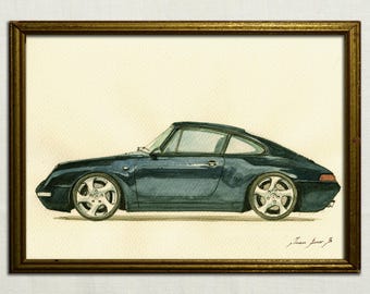 DRUCK - Porsche 911 993 Carrera schwarz - Porsche Klassiker - Aquarell Malerei Kunst Wandtattoo Auto Porsche - von Juan Bosco