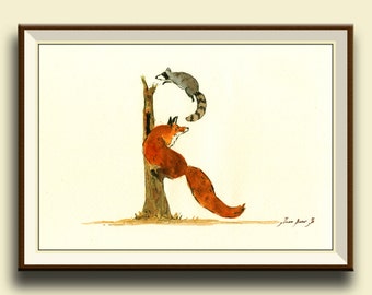 PRINT-Letter R Raccoon and Red Fox- Woodland Forest animal Alphabet letters watercolor print  - Art Print by Juan Bosco